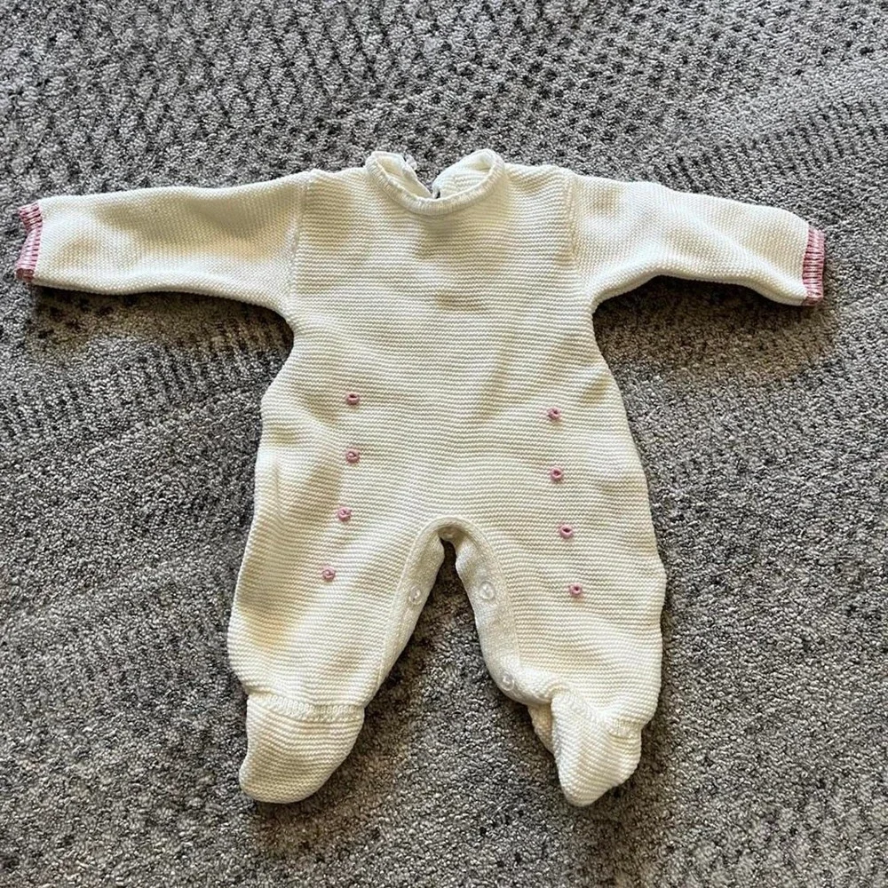 Vintage hand knit cotton dainty flower romper 0-3